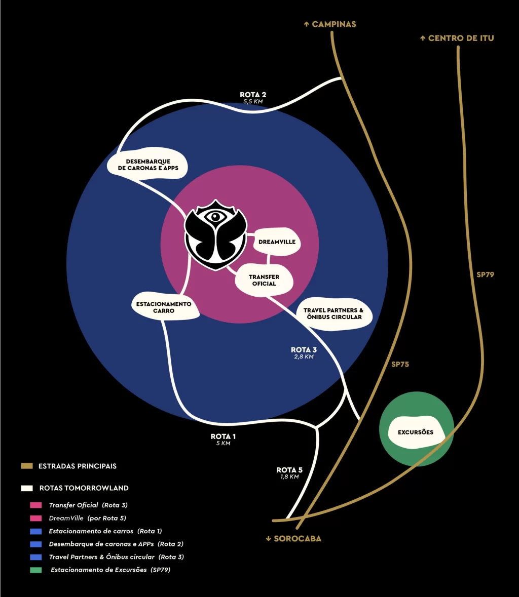 Mapa com as rotas para o Tomorrowland Brasil 2024 // Créditos: Tomorrowland Press